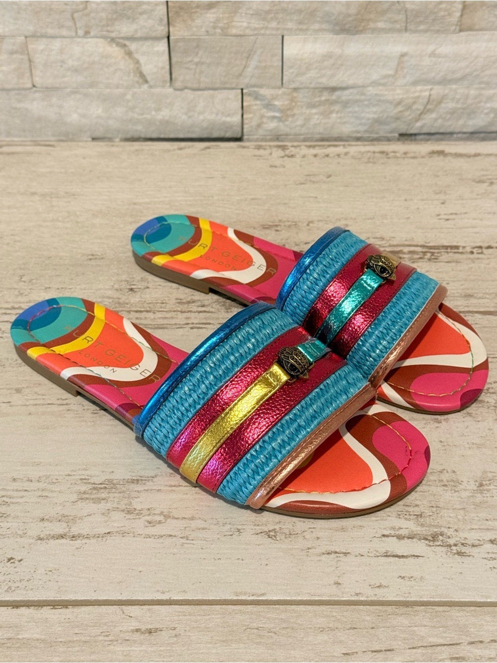 Kurt Geiger SOUTHBANK FLAT SLIDE RAFFIA SANDALS Multicolor New Size 36 EU-US 6
